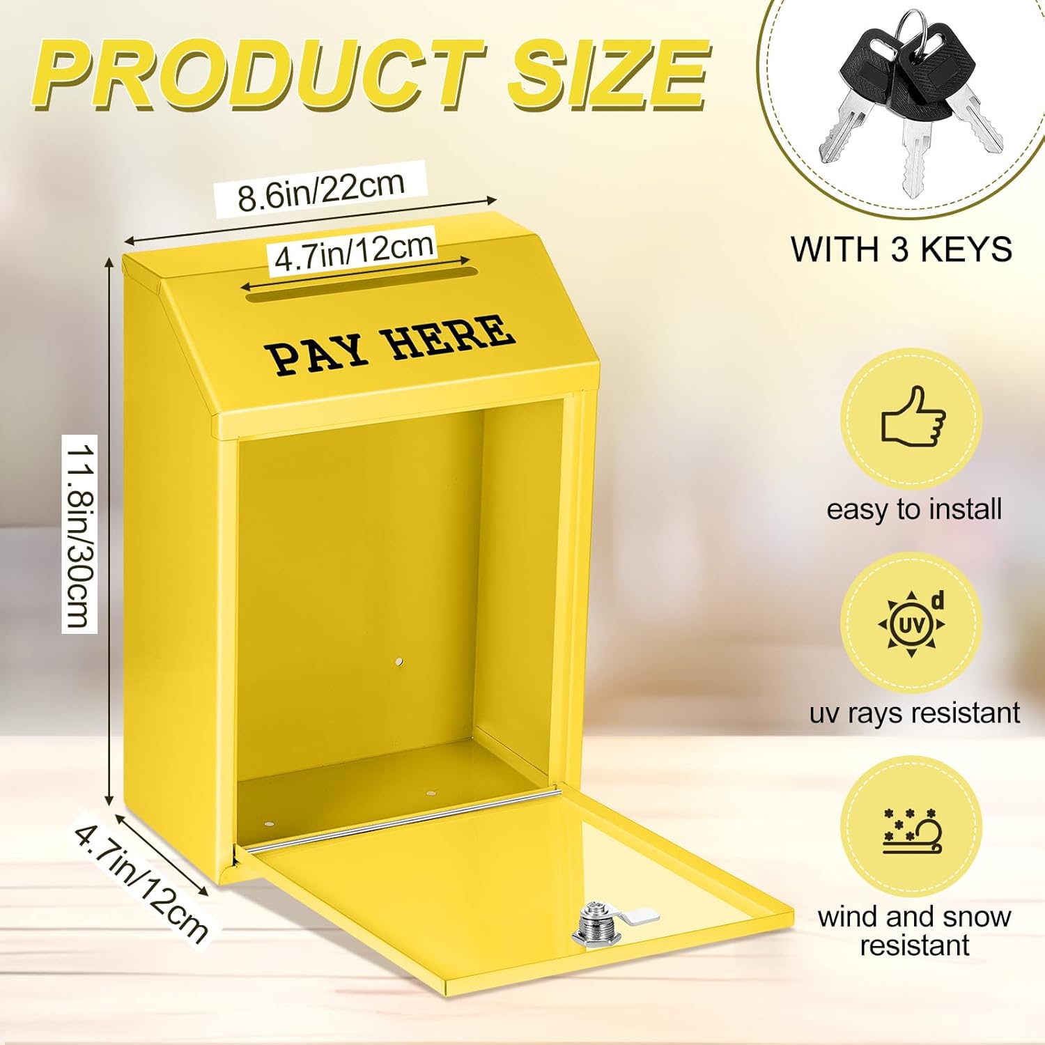 Safe Cash Box Money Collection Metal Donation Box with Lock Wall Mount Pre Drilled Mailbox Delivery Ballot for Home Office Outdoor Self Serve Stand(Yellow,11.8 x 8.6 x 4.7 Inch)