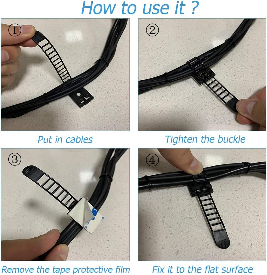 50pcs 2 Sizes Adjustable Adhesive Cable Ties Cable Clips Wire Strap Cord Clamp for Cable Management at Home and Office + 100pcs Nylon Zip Ties