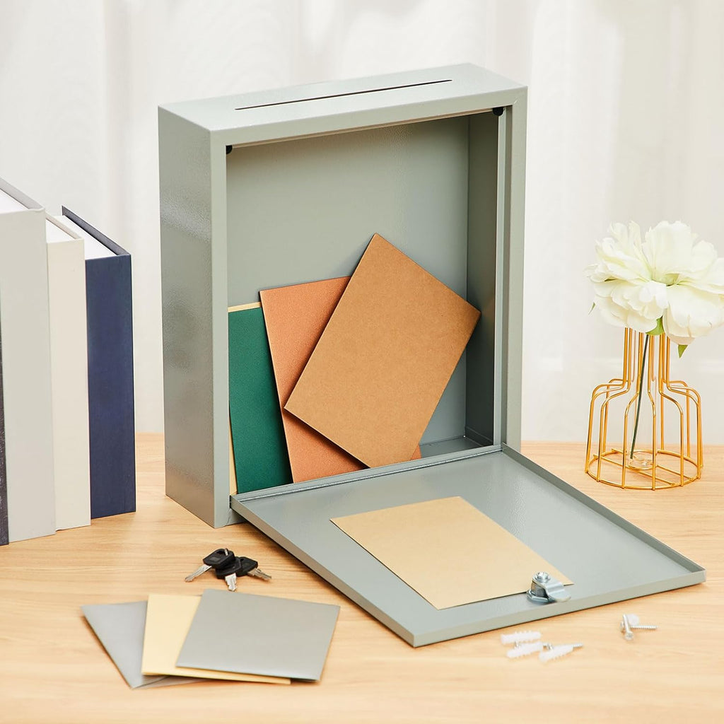 Metal Donation Box Suggestion Box with Slot and Lock-Cash for Money-Waterproof Drop Comment and Ballot Voting for Easy Wall mounting(Light Gray,13 x 11.4 x 3.5 Inches)
