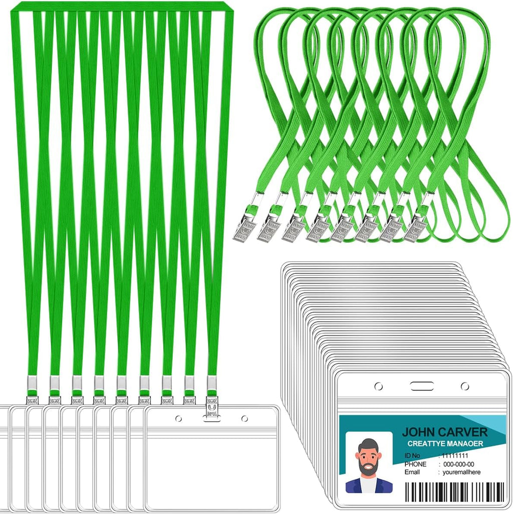 100 Pcs Clear Horizontal Badge ID Card and 100 Pcs Lanyard, Reusable Lanyards for Id Badge Holder Name Tag Badge Holder with Lanyards for Adults Kids Business School Conferences (Green)