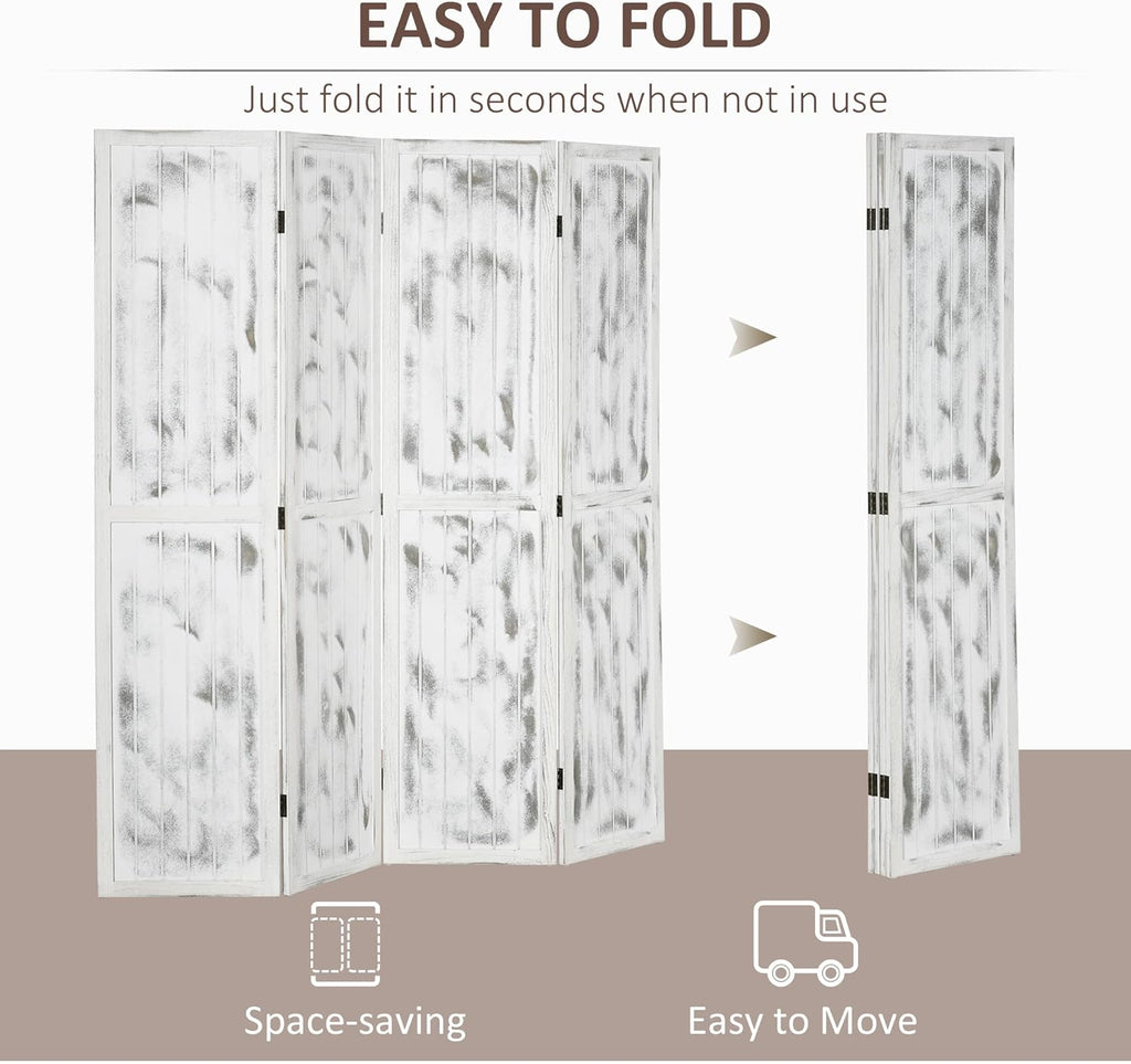 HOMCOM 5.5' Tall 4-Panel Room Divider and Folding Privacy Screen, Woodgrain Freestanding Privacy Divider, Partition Wall, Rustic White