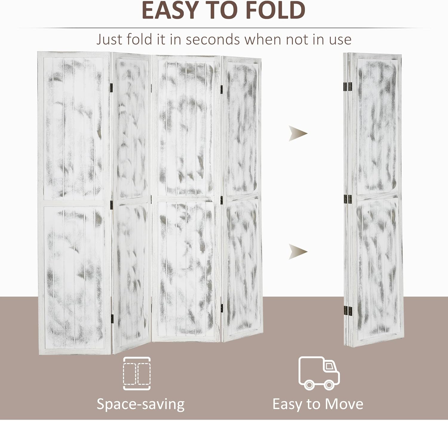 HOMCOM 5.5' Tall 4-Panel Room Divider and Folding Privacy Screen, Woodgrain Freestanding Privacy Divider, Partition Wall, Rustic White