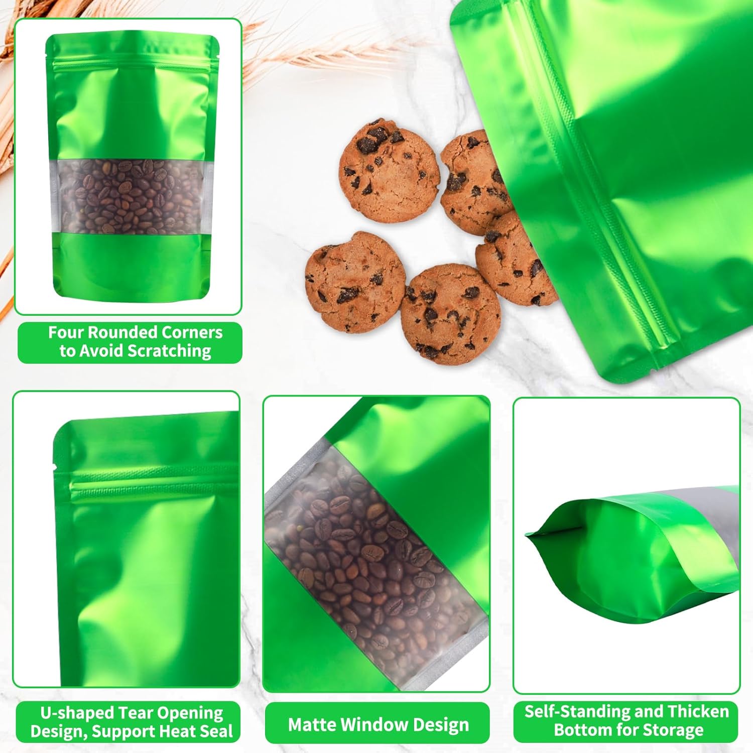 100 Pack Smell Proof Bags, Resealable Green Mylar Bags with Matte Window, Foil Pouch Stand Up Sealable Bags for Packaging, 6.29 × 9.44 Inch