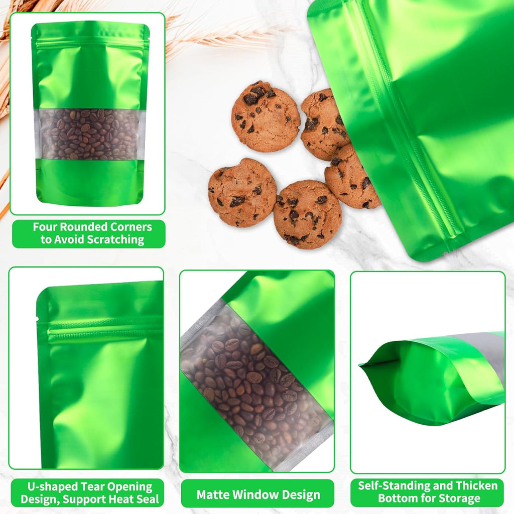 100 Pack Smell Proof Bags, Resealable Green Mylar Bags with Matte Window, Foil Pouch Stand Up Sealable Bags for Packaging, 5.51 × 7.87 Inch