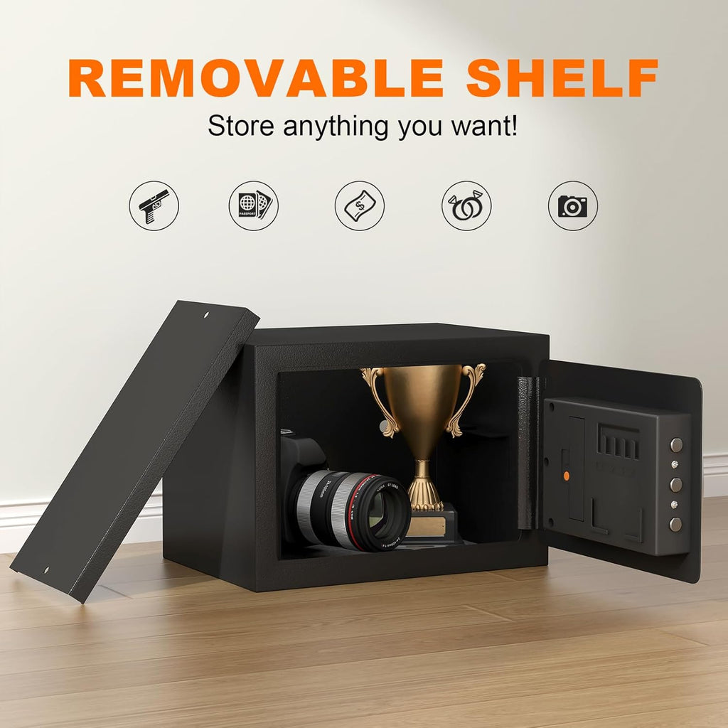 Safe with Key, 1.0 Cub Small Fireproof Safe, Safety Box with Shelf, Keypad Lock, Personal Safes for Dorm, Fire Proof Safes for Documents, Black Safety Box for Home, Wall Mountable