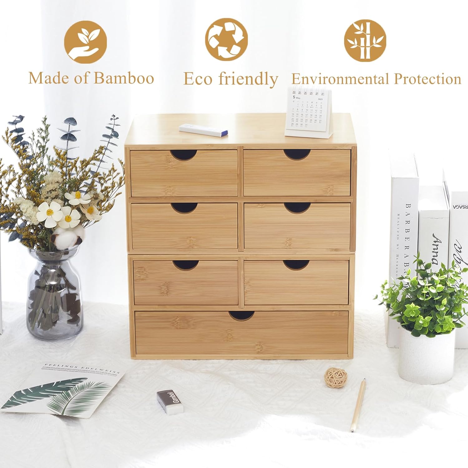 Bamboo Desk Organizer 4 Drawers, Countertop Organizer with Drawers Makeup Storage Drawer 4 Drawers Tabletop Storage Organization Box Home Office Workspace