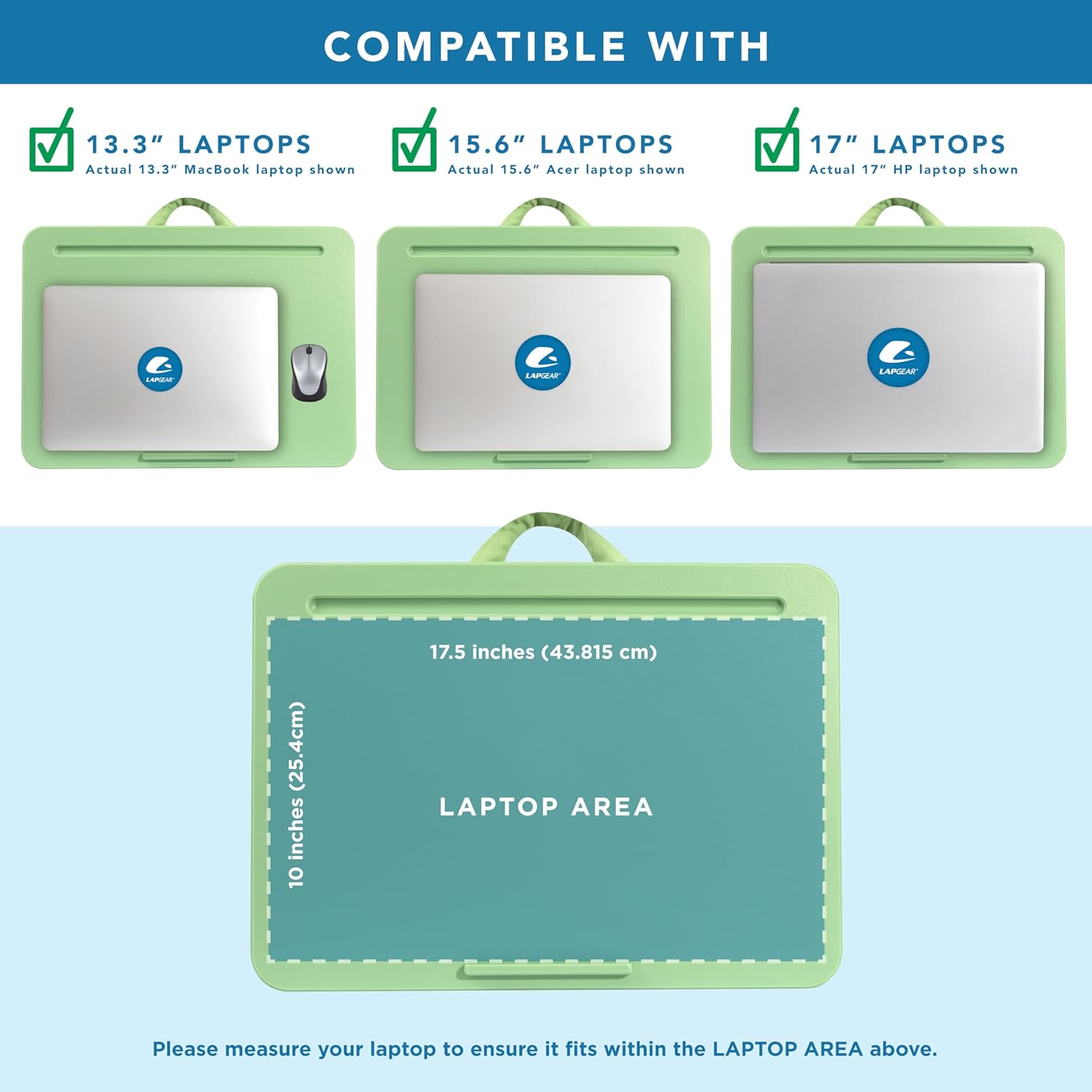 LAPGEAR Original Lap Desk – Large (17.9” x 13”) | Fits Up to 17.3” Laptops | Cushioned with Device Ledge, Pencil Tray & Handle | Portable & Lightweight | Sage Green – Style No. 45151