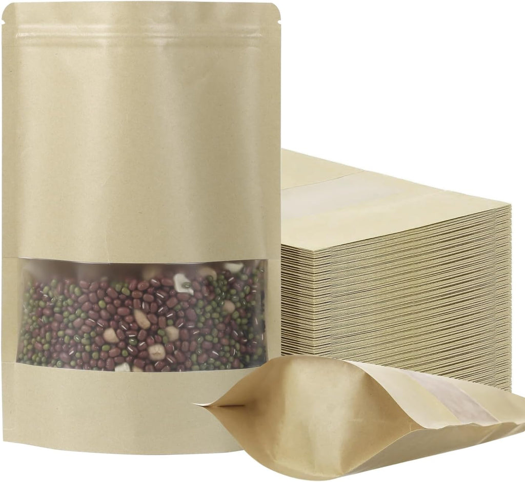 100 Pack Bags, Resealable Bags with Clear Window, Stand-up Bags for Sealing Storage, Scratch Resistant Hand Storage Bags. (Kraft Paper, 5.5×7.9 Inch)