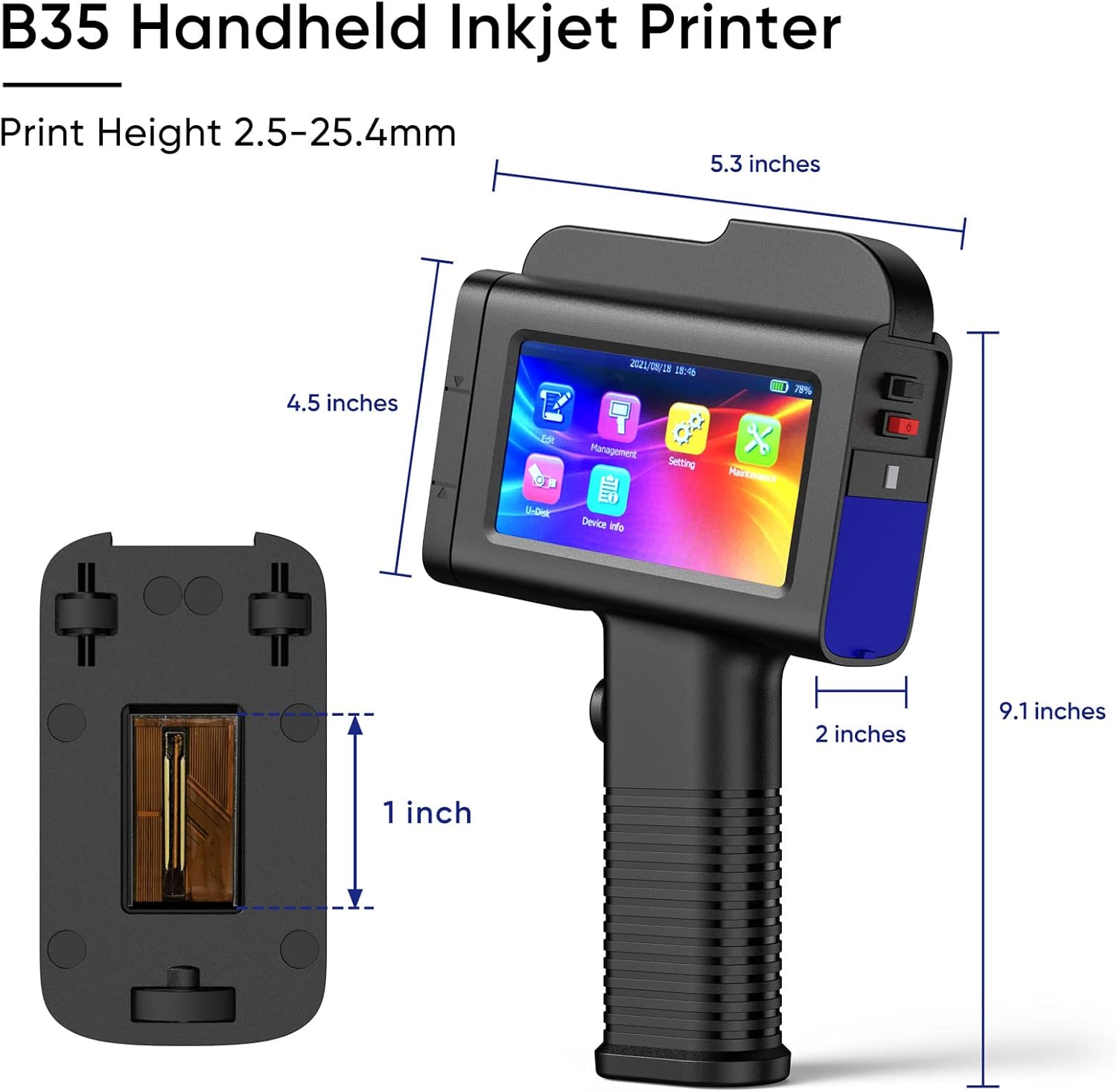 Handheld Inkjet Printer with LED Touch Screen for Code Date QR Logo Text Serial on Wood, Metal,Plastic,Pipe, Fabric,Cement, Leather and Glass Surface(Support 17 Language) (1inch/B35)
