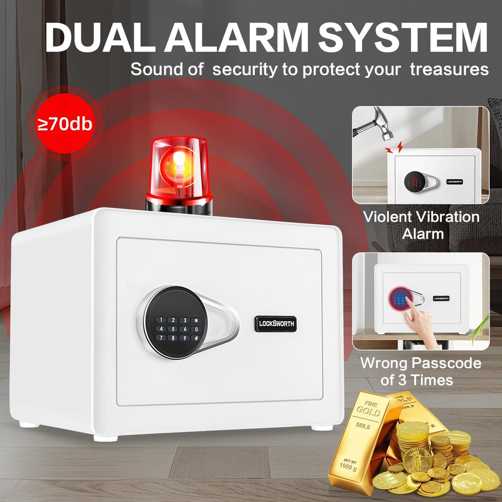 Safe for Home, 1.0 Cubic Feet Small Safe with Removable Shelf, Alarm System, Digital Electronic Security Money Box for Cash, Document, Home, Office, Hotel Use, White, 9.84"D x 13.78"W x 9.84"H