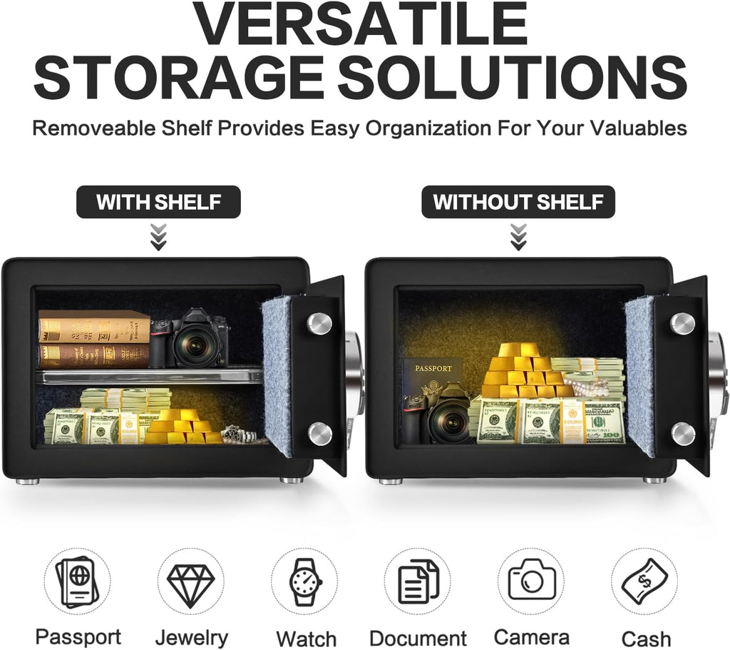 Safe for Home, 1.0 Cubic Feet Small Safe with Removable Shelf, Alarm System, Digital Electronic Security Money Box for Cash, Document, Home, Office, Hotel Use, Black, 9.84"D x 13.78"W x 9.84"H