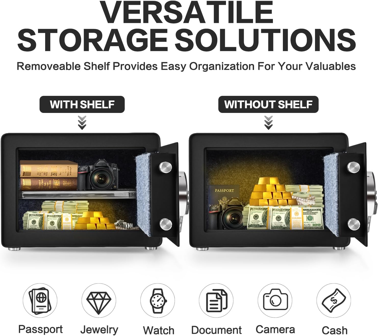 Safe for Home, 1.0 Cubic Feet Small Safe with Removable Shelf, Alarm System, Digital Electronic Security Money Box for Cash, Document, Home, Office, Hotel Use, Black, 9.84"D x 13.78"W x 9.84"H