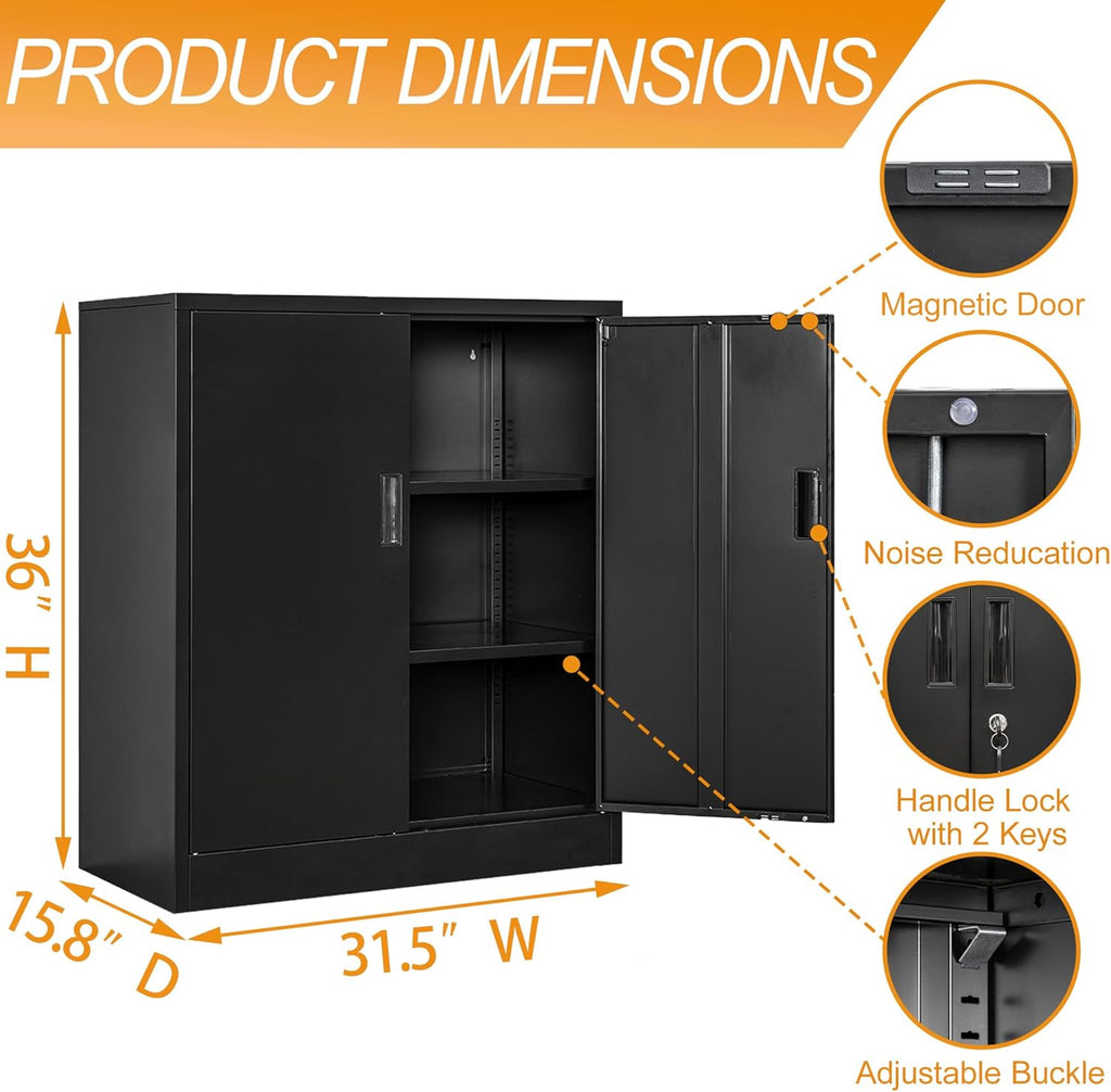 BESFUR Metal Storage Cabinet 36" H, Black Steel Locking Cabinet with 2 Lockable Doors and 2 Adjustable Shelves for Home Office, Garage, School, Apartment, Warehouse