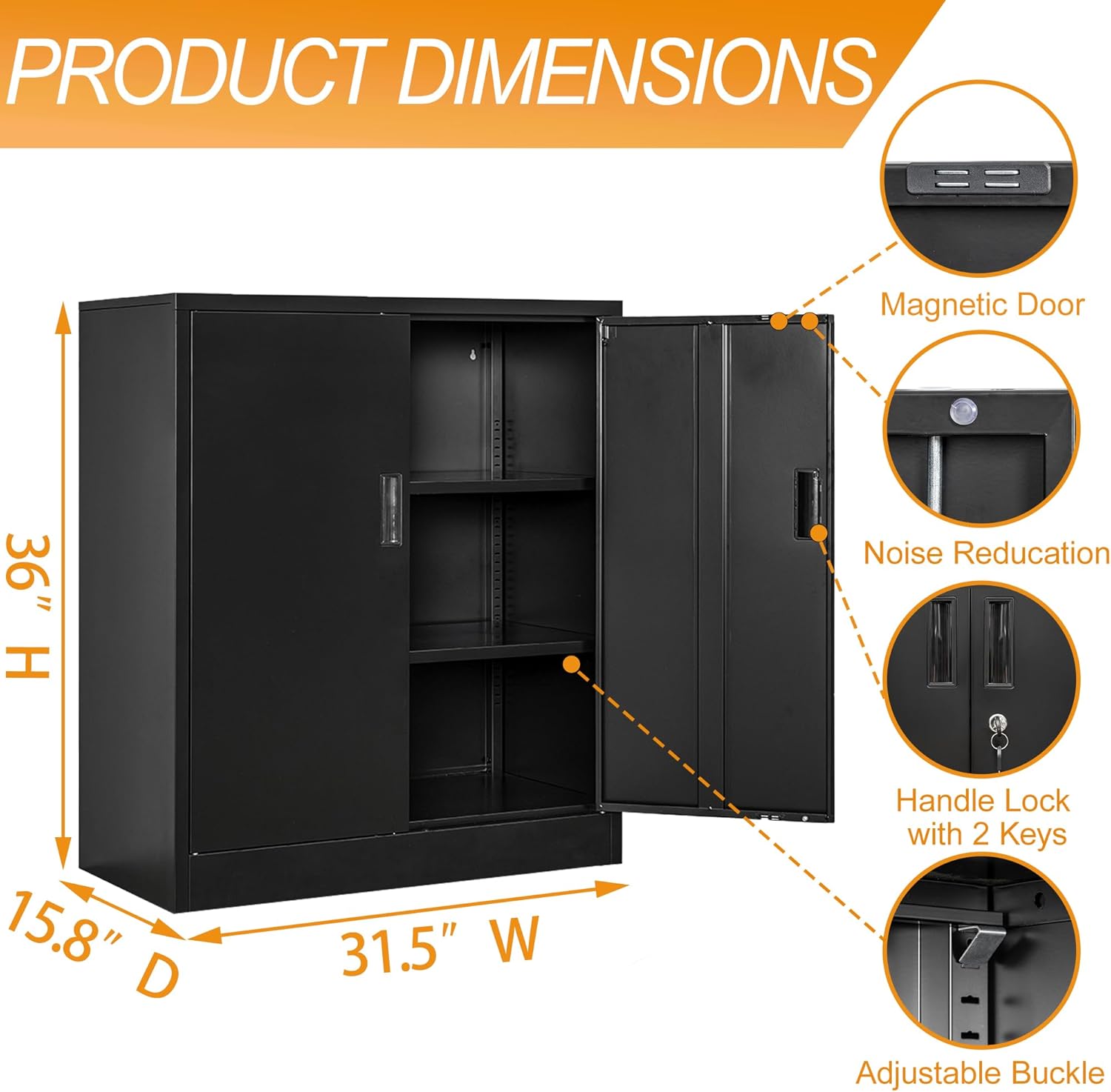 BESFUR Metal Garage Storage Cabinet 36"H, Steel Locking Cabinet with 2 Lockable Doors and 2 Adjustable Shelves easy to assemble for Home Office, Garage,School, Apartment, Warehouse, Utility Room,Black