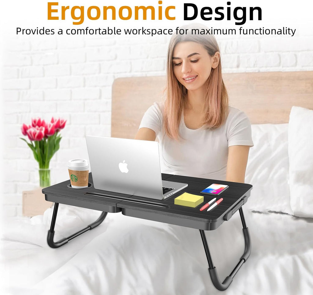 BUYIFY Portable Foldable Laptop Desk for Bed and Couch, Adjustable Lap Desk with Cup Holder and Phone Holder, Ideal for Working, Reading, Writing, and Breakfast (Black)