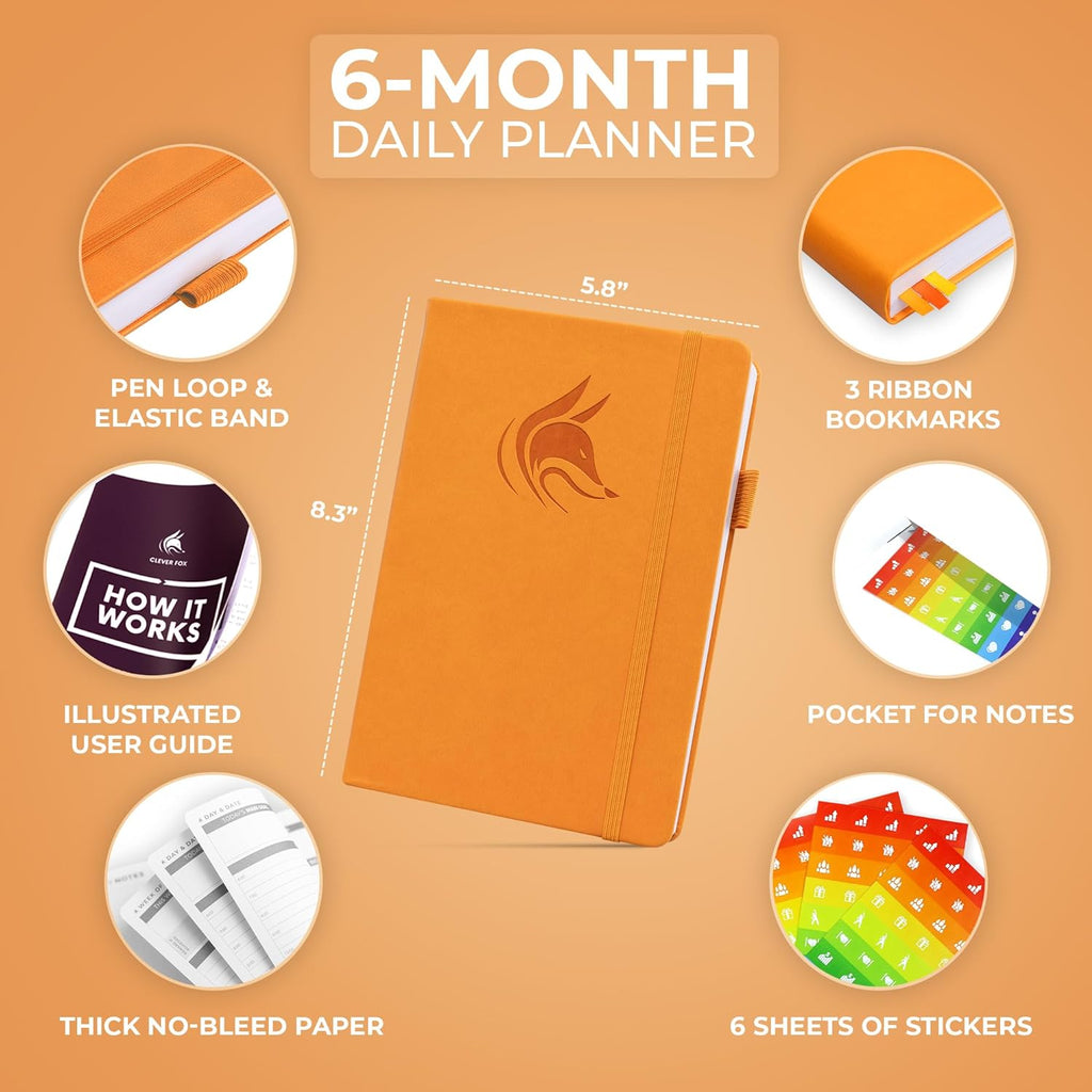 Clever Fox Daily Planner – Undated Planning Notebook with Hourly Schedule & To-Do List – Personal Day Task & Work Organizer, 6 Months (Orange)