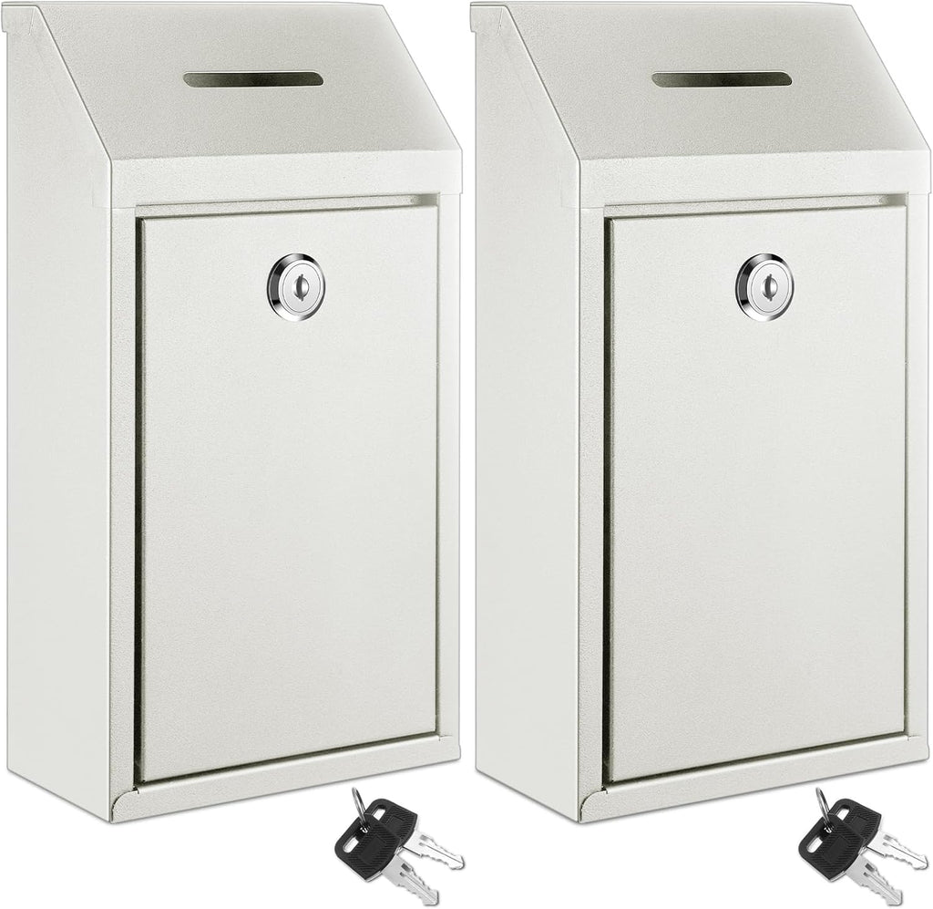 2 Pack Metal Suggestion Boxes with Lock Keys Ballot Donation Boxes with Slot for Fundraising Wall Mounted Mailbox Delivery Container for Home Office Outdoor Door, 10.2x5.7x2.95in(White)