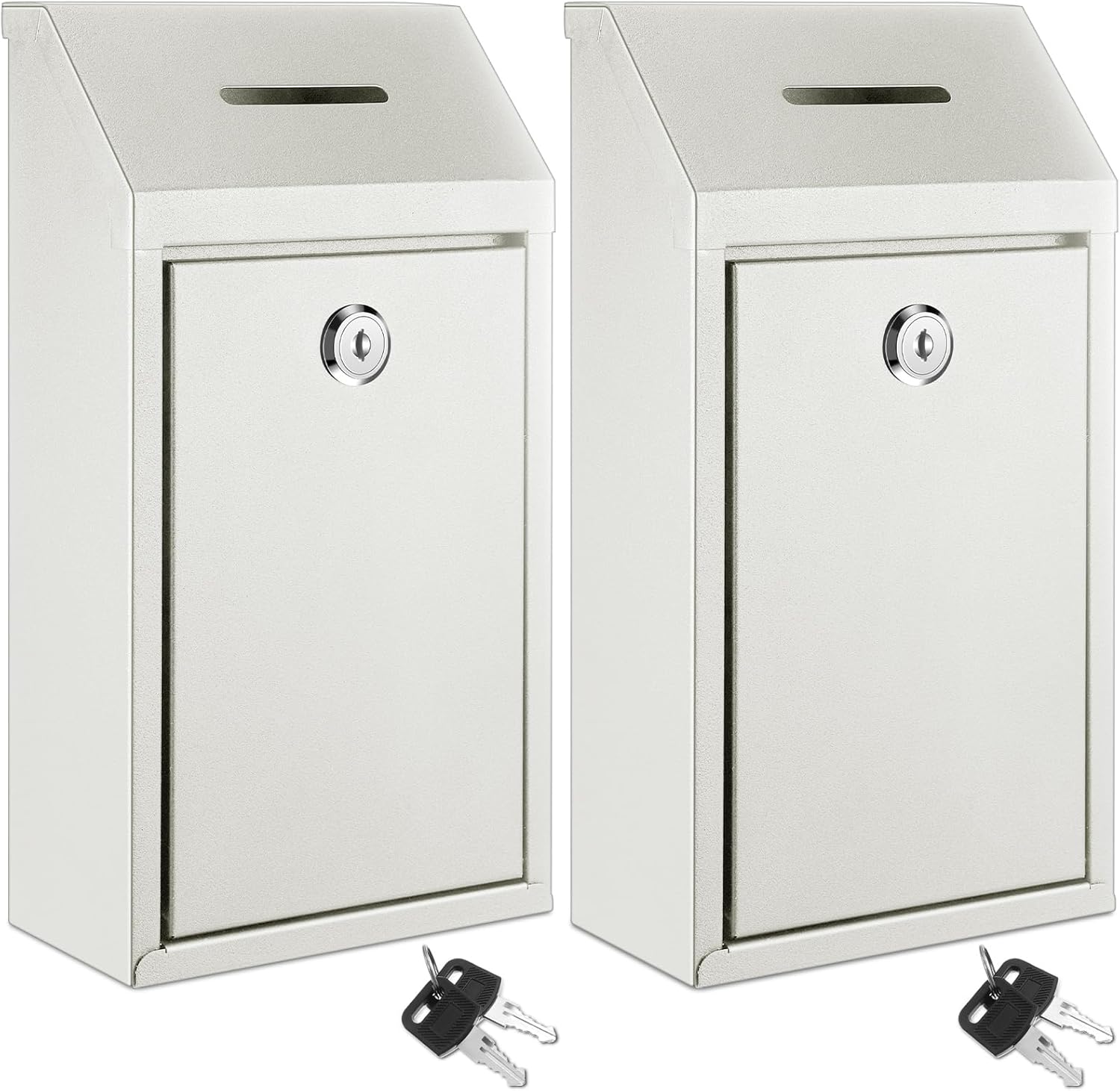 2 Pack Metal Suggestion Boxes with Lock Keys Ballot Donation Boxes with Slot for Fundraising Wall Mounted Mailbox Delivery Container for Home Office Outdoor Door, 10.2x5.7x2.95in(White)