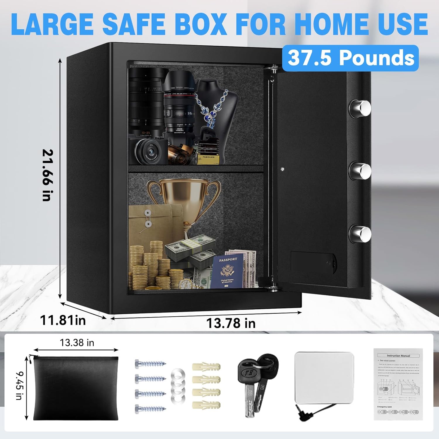 4.2 Cuft Large Safe Box with Fireproof Waterproof Bag, Safes for Home Documents, Anti-Theft Safety Box With Digital Keypad, Smart Alert System, Spare Keys, Personal Safe for Cash Money