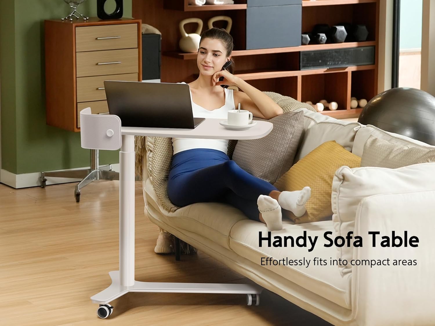 Rolling Desk Adjustable Height with Drawer and Wheels, Portable Small Standing Desk Pneumatic for Home Office, Mobile Computer Laptop Cart, Medical Sofa Overbed Table, White