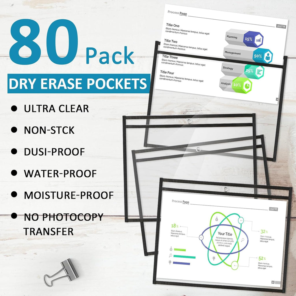 Yunsailing 80 Pack Dry Erase Pockets Job Ticket Holders Black Clear Reusable Dry Erase Shop Order Holder Plastic Ticket Pocket Protector Sleeves for Work Office Organization(12.5'' X 10'',Horizontal)