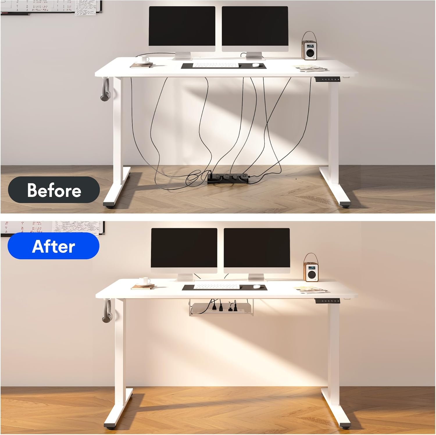 FLEXISPOT EN2 Whole-Piece Standing Desk with Clamp Power Strip, 55 x 28 Electric Stand Up Height Adjustable Desk with Cable Management (Gray Frame + 55" White Top, 2 Packages)