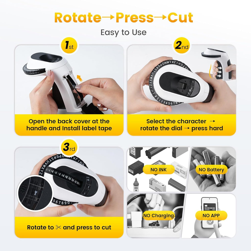 Zodzi Embossing Label Maker, Vintage Embossed Label Makers, Manual Retro Label Maker Machine for Home Kitchen Office Kids School Items, Old School Embosser with 3 Rolls 9mm 3D Labeler Waterproof Tapes