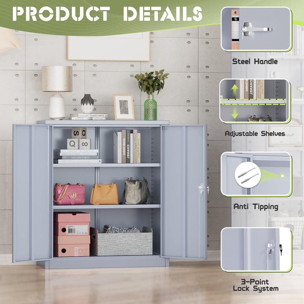 SUNCROWN Metal Storage Cabinets, 36”Locking Cabinet with Doors and Adjustable Shelves, Steel Utility Tool Garage Cabinets for Home, Office, Kitchen,Warehouse, Grey