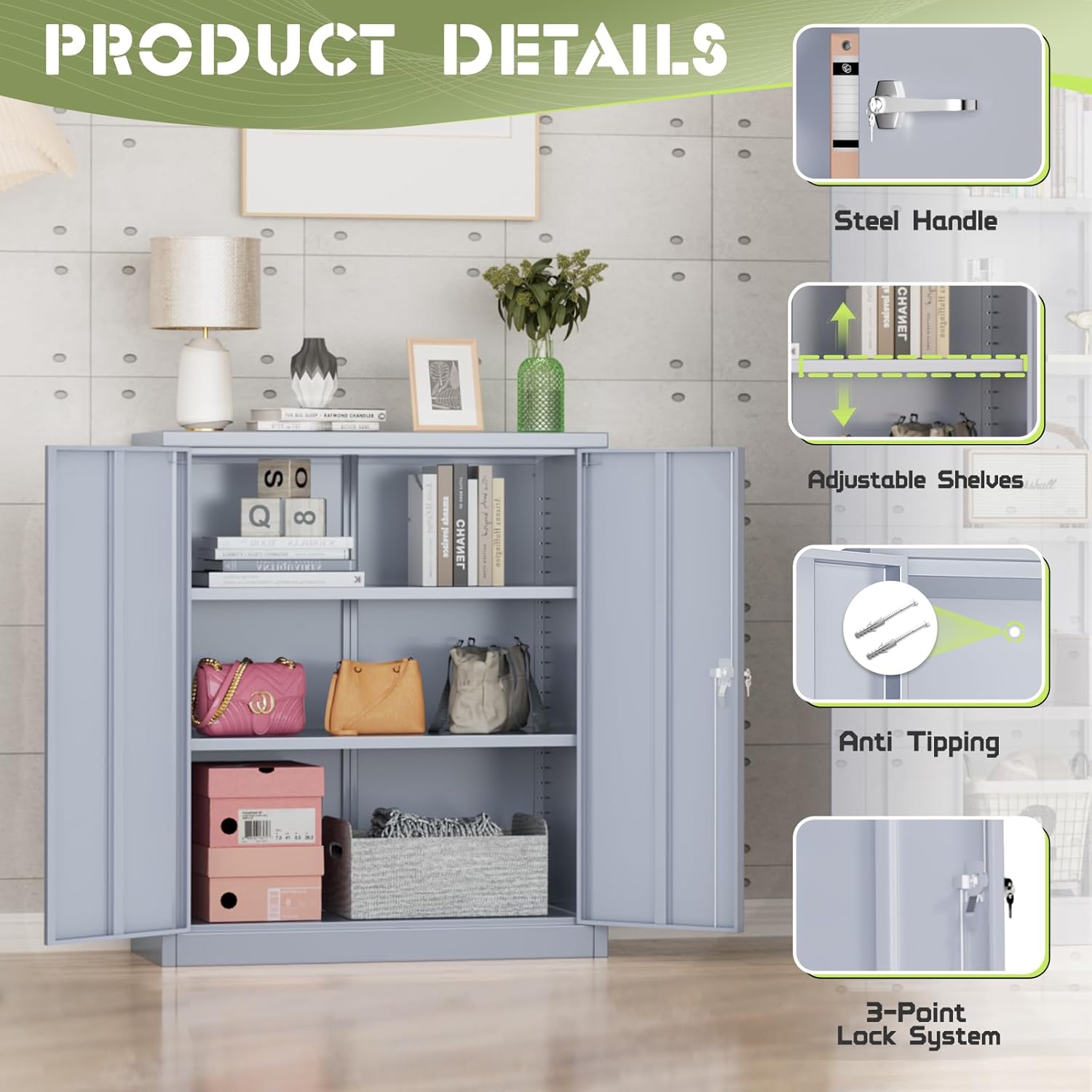 SUNCROWN Metal Storage Cabinets, 36”Locking Cabinet with Doors and Adjustable Shelves, Steel Utility Tool Garage Cabinets for Home, Office, Kitchen,Warehouse, Grey