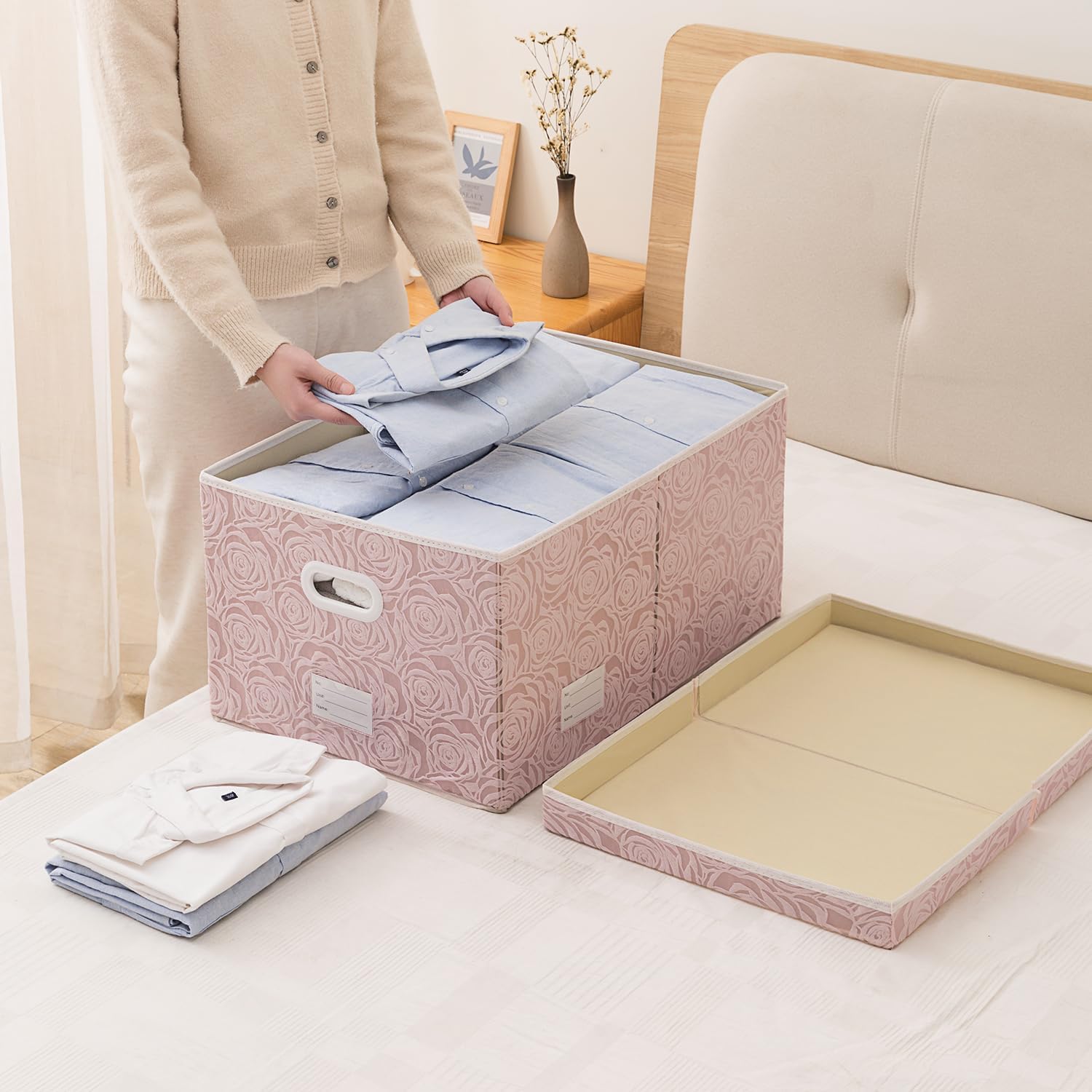 PRANDOM Jumbo Collapsible Storage Boxes with Lids Fabric Decorative Storage Bins Cubes Organizer Baskets with Cover Handles Divider for Bedroom Closet Living Room 23.2x15.7x11.6 Inch 3 Pack
