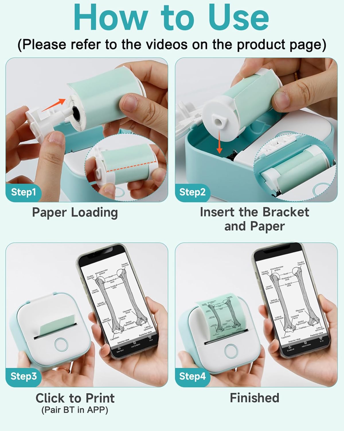 Memoking Sticker Printer - T02 Mini Printer Print Pods Portable Thermal Inkless Sticker Maker Machine Bluetooth Pocket Impresora Portátil Instant Print for Notes, Anatomical Diagrams, Journal,DIY,Gift