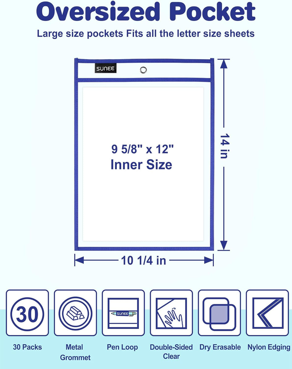 SUNEE 30 Packs Oversized Reusable Dry Erase Pocket Sleeves with 2 Rings, 10 Assorted Colors 10x14 Ticket Holders, Clear Plastic Sheet Protectors, Teacher School Classroom Supplies