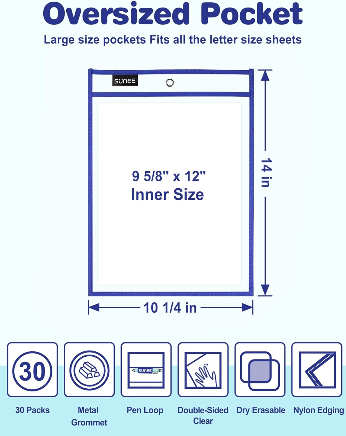 SUNEE 30 Packs Oversized Reusable Dry Erase Pocket Sleeves with 2 Rings, 10 Assorted Colors 10x14 Ticket Holders, Clear Plastic Sheet Protectors, Teacher School Classroom Supplies