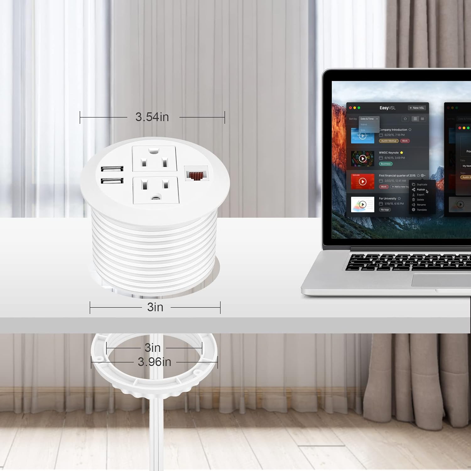 BTU Desktop Power Grommet with USB, 3 inch Hole Recessed Power Outlet, Flush Mount Power Strip Outlet with 2 AC Outlet & 2 USB Ports & 1 CAT6 & 10ft Power Cords for Table, Office, Home, Hotel, White