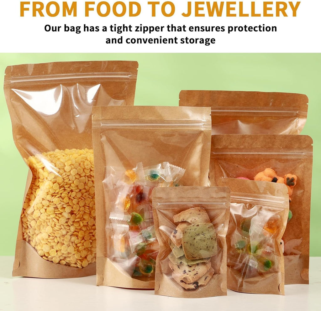 150-Pack Kraft Paper Bags with Clear Window 4" x 6" Reclosable Small Stand Up Mylar Bags for Food Storage Resealable Smell Proof Pouch, Edible Packaging, Reusable bags for Small Business