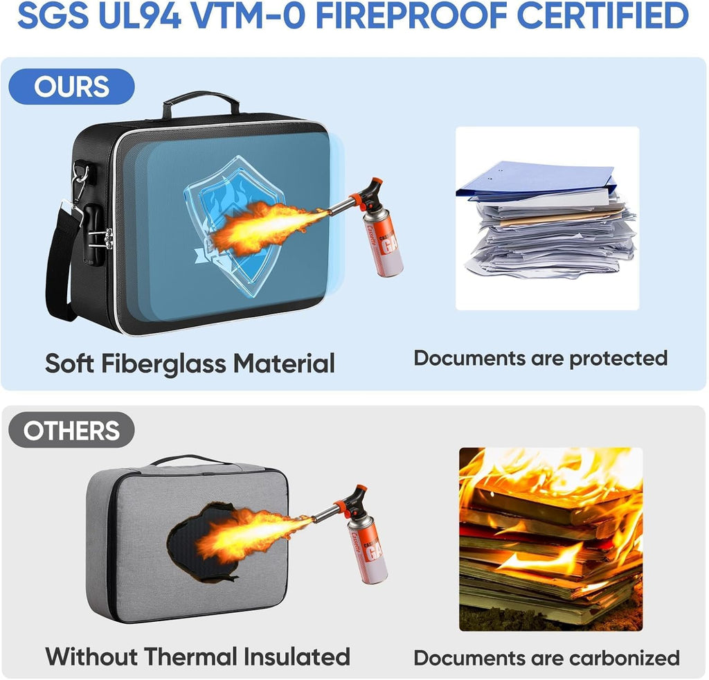 BALEINE Fireproof Document Box with Lock, Portable Fireproof Document Bag Waterproof Fire Proof File Boxes for Documents, File Organizer Box for Important Paperwork (Black, 15''x11''x4'')