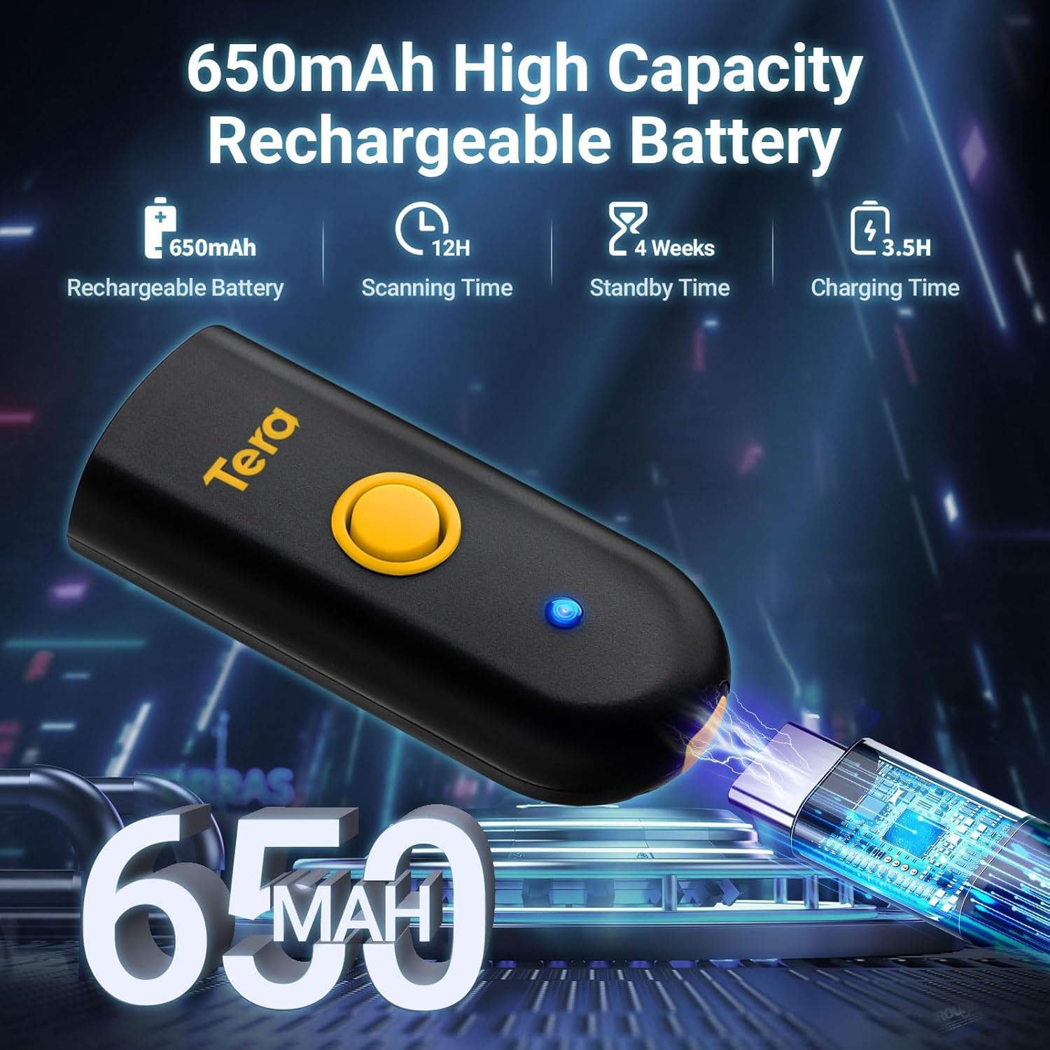 Tera Mini 1D Barcode Scanner: Pocket Waterproof Wireless Laser Scanner 3 in 1 Compatible with Bluetooth USB Wired Portable Bar Code Reader for Logistics Work with iOS Windows Android 1100L Yellow