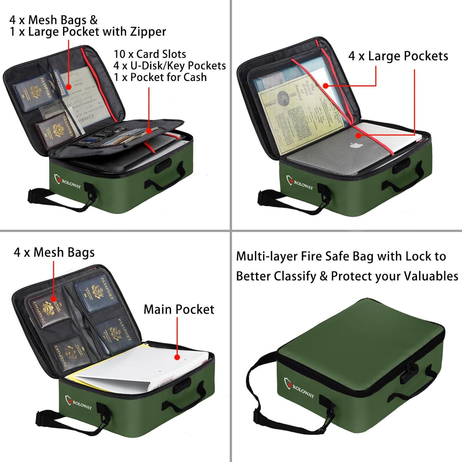 ROLOWAY Fireproof Document Bag with Lock (17 x 11.8 x 5 inch), Important Document Storage Bag with Multi-Layer File Organizers (Green)