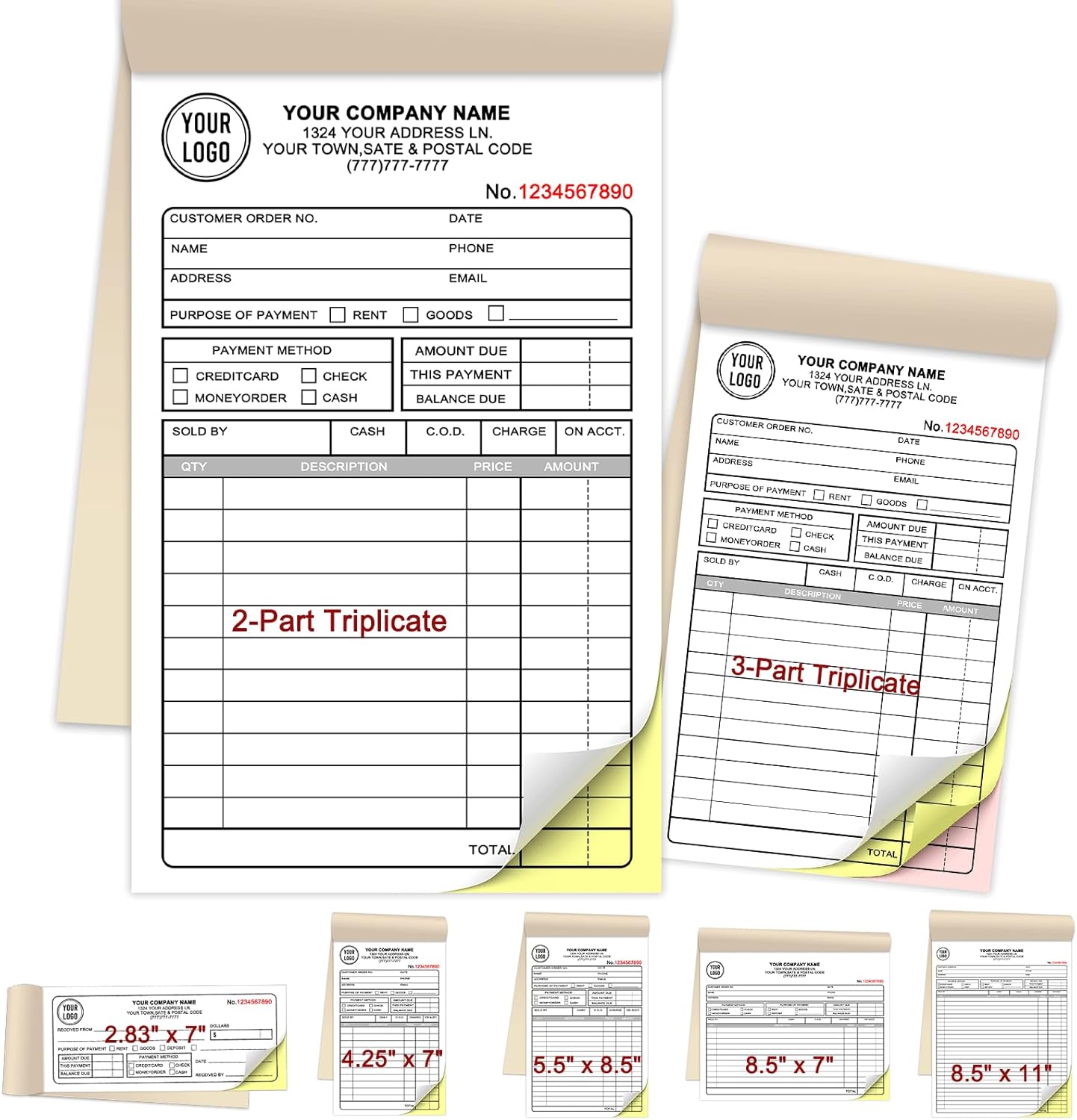 Custom Invoices Receipt Book for Small Business Personalized 2-Part Duplicate Carbonless Logo Receipt Books Sales Payment Forms with Company Name Address Phone Number 100 Sets 4.25" x 7"