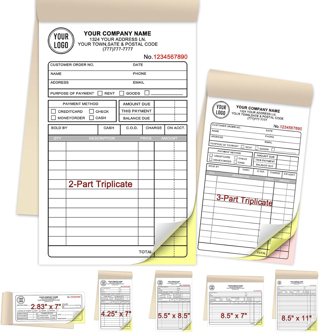 Custom Invoices Receipt Book for Small Business Personalized 2-Part Duplicate Carbonless Logo Receipt Books Sales Payment Forms with Company Name Address Phone Number 100 Sets5.5" x 8.5"