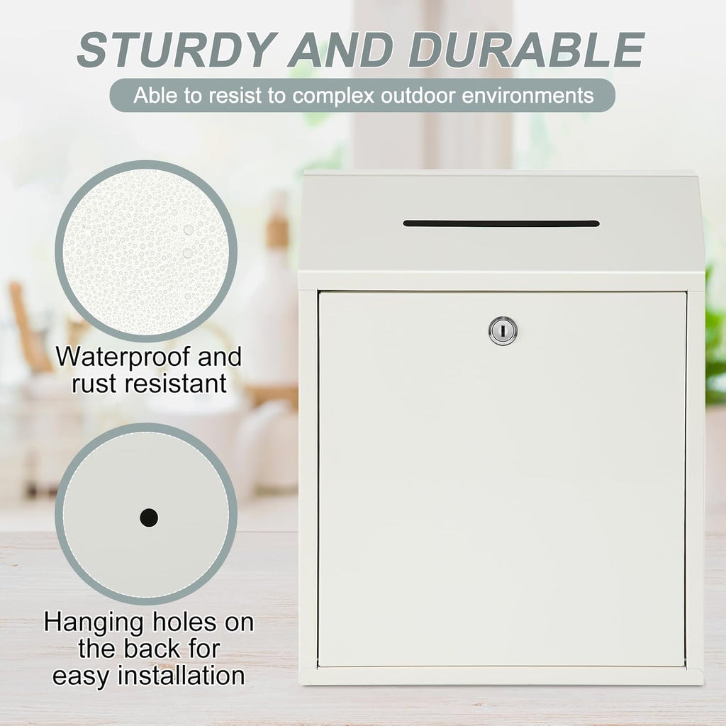 Metal Donation Cash Box Collection Safe Suggestion Box with Lock Wall Mounted Mailbox Delivery Ballot Container for Home Office Outdoor Door(White,15 x 12 x 4 Inch)