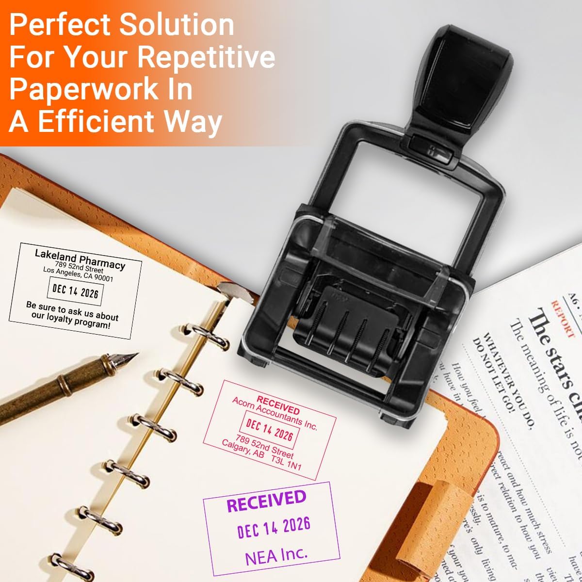 Custom Date Stamp with Personalized Text Logo Customized Self-Inking Rubber Dater Stamper for Received Paid Completed Emailed Posted Scanned Approved Heavy Duty Office Business Stamps, 4 Sizes