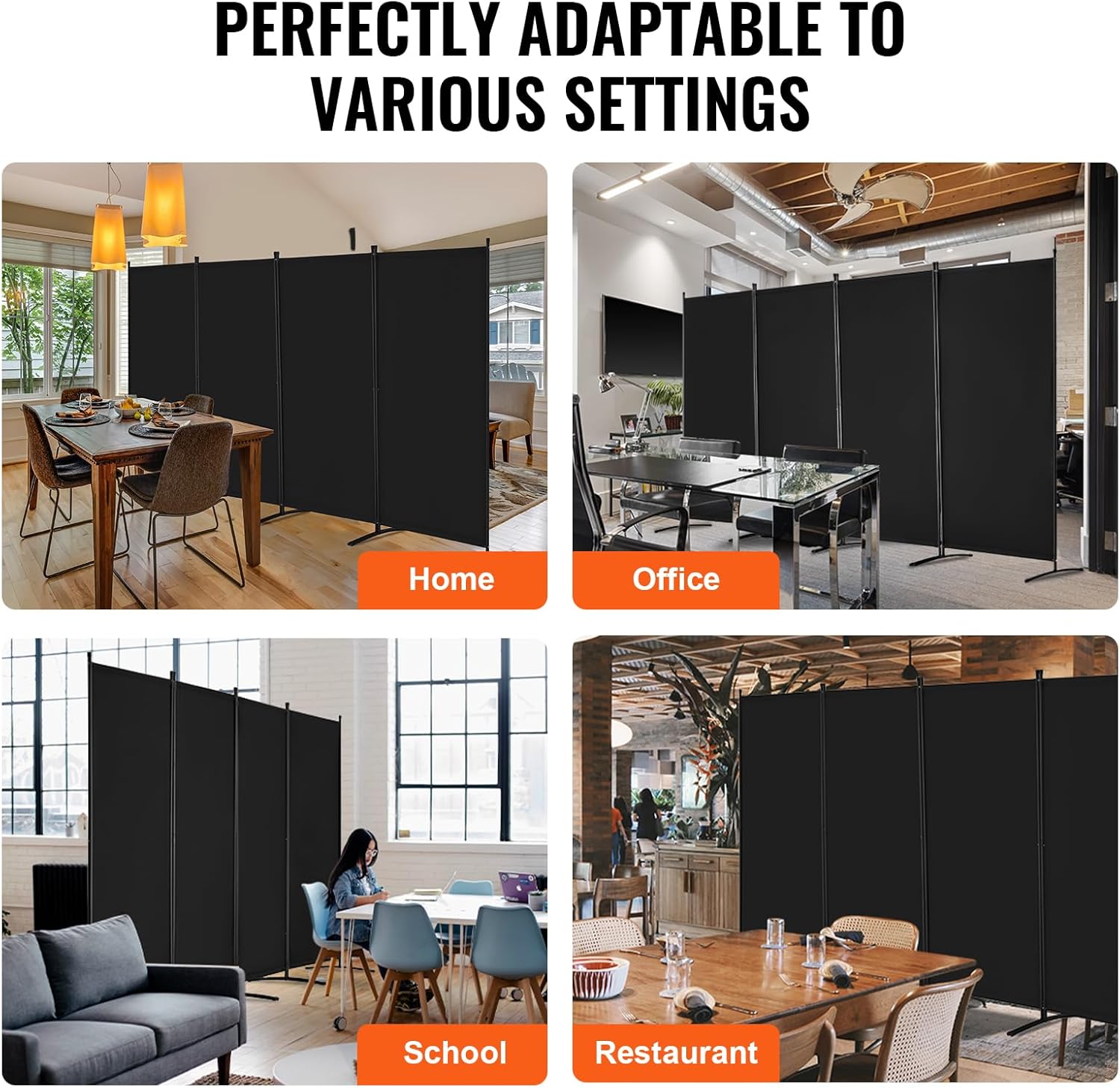 VEVOR Room Divider, 4 Panel Room Divider, Folding Privacy Screen and Portable Partition Divider for Room Separation, Freestanding Room Partitions for Office, Bedroom, Study, Black