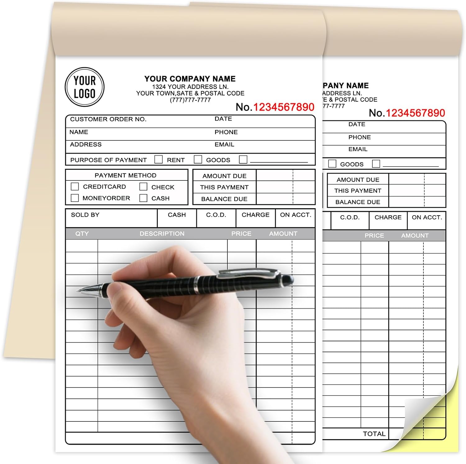 Custom Invoice Receipt Book for Small Business 5.5x8.5" Personalized 2-Part Contractor Duplicate Carbonless Sales Forms with Company Name Address Phone Number 100 Sets