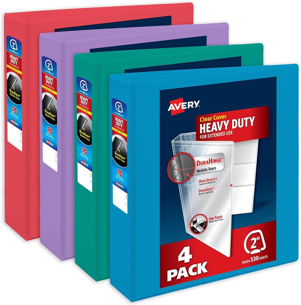Avery Heavy-Duty View 3 Ring Binders, 2 Inch One Touch Slant Rings, 530-Sheet Capacity, Assorted Bright Colors, 4-Pack (79636) – for School, Office, Teachers, Classrooms & Home Organization