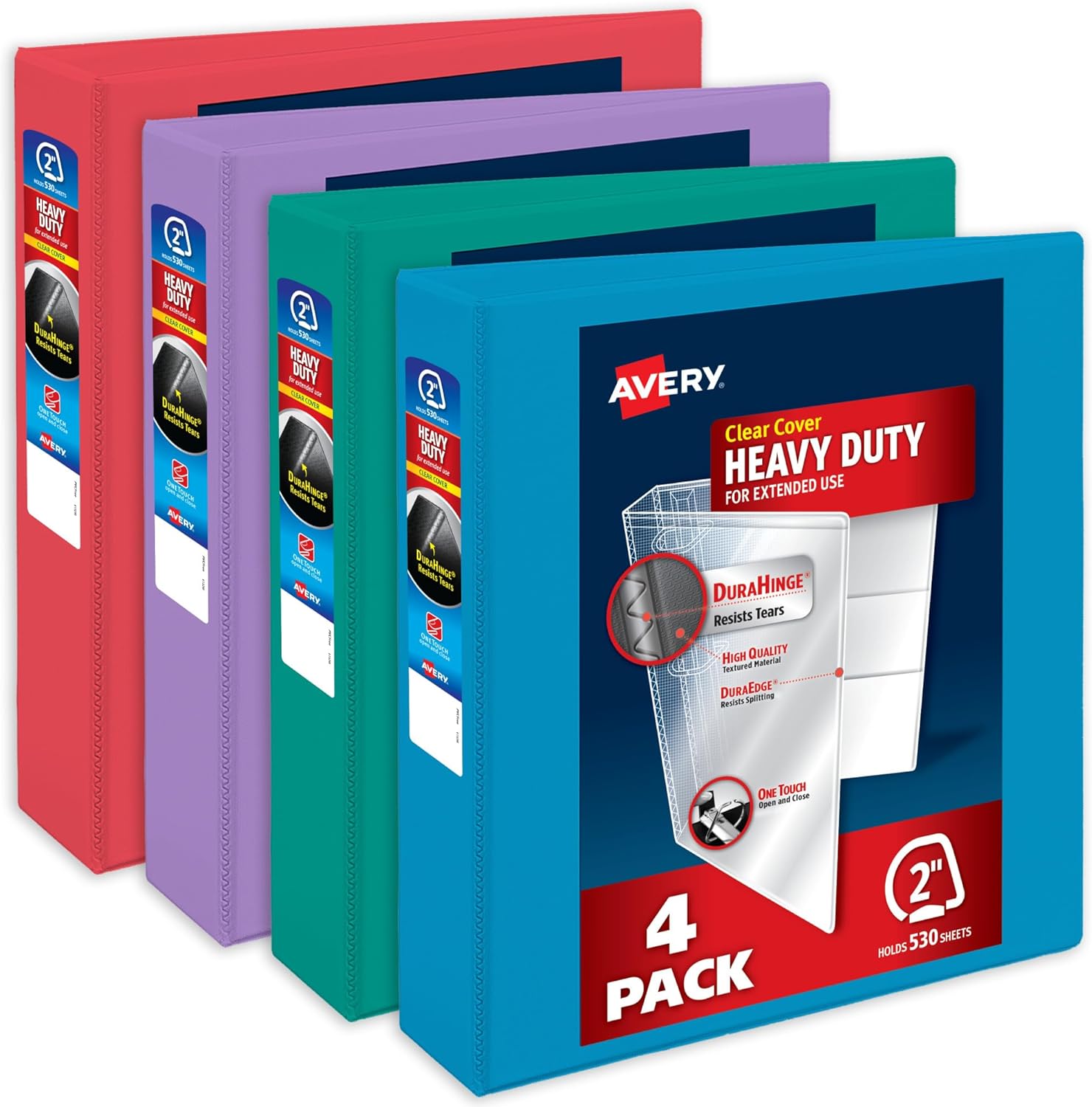 Avery Heavy-Duty View 3 Ring Binders, 2 Inch One Touch Slant Rings, 530-Sheet Capacity, Assorted Bright Colors, 4-Pack (79636) – for School, Office, Teachers, Classrooms & Home Organization