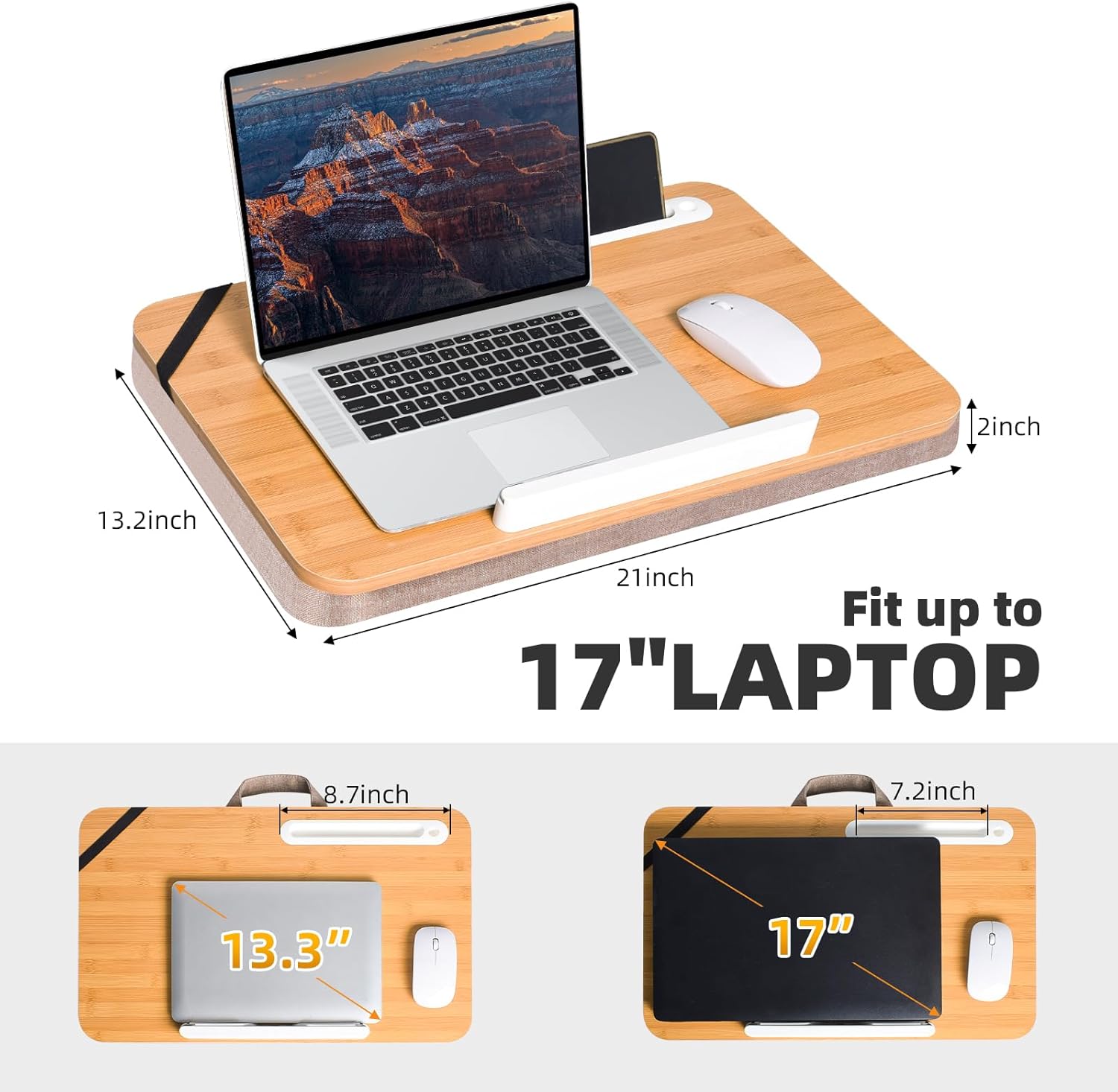 wishacc Portable Bamboo Lap Desk Tray, Natural Wood, Large 21.1 x 12.9 Inch, for Home Office