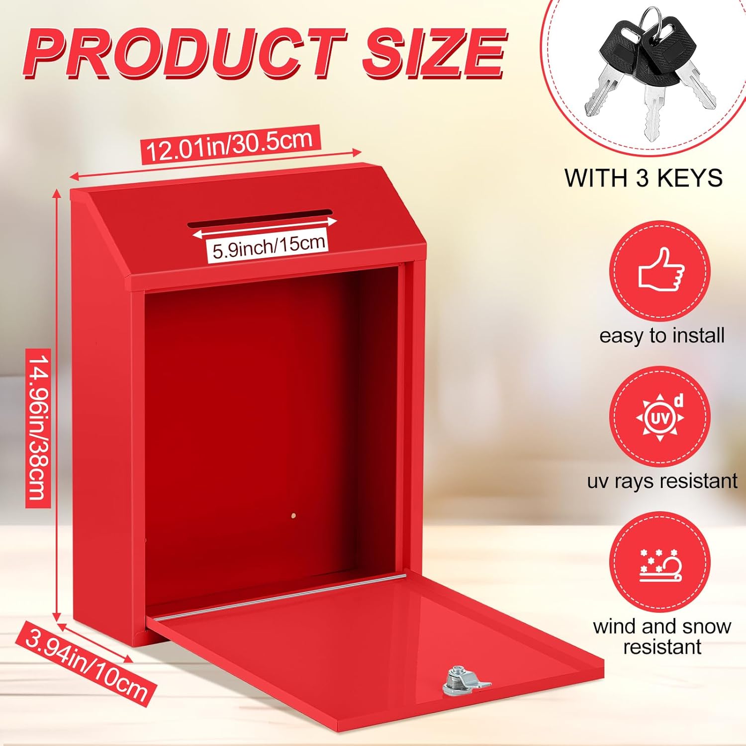 Metal Donation Cash Box Collection Safe Suggestion Box with Lock Wall Mounted Mailbox Delivery Ballot Container for Home Office Outdoor Door(Red,15 x 12 x 4 Inch)