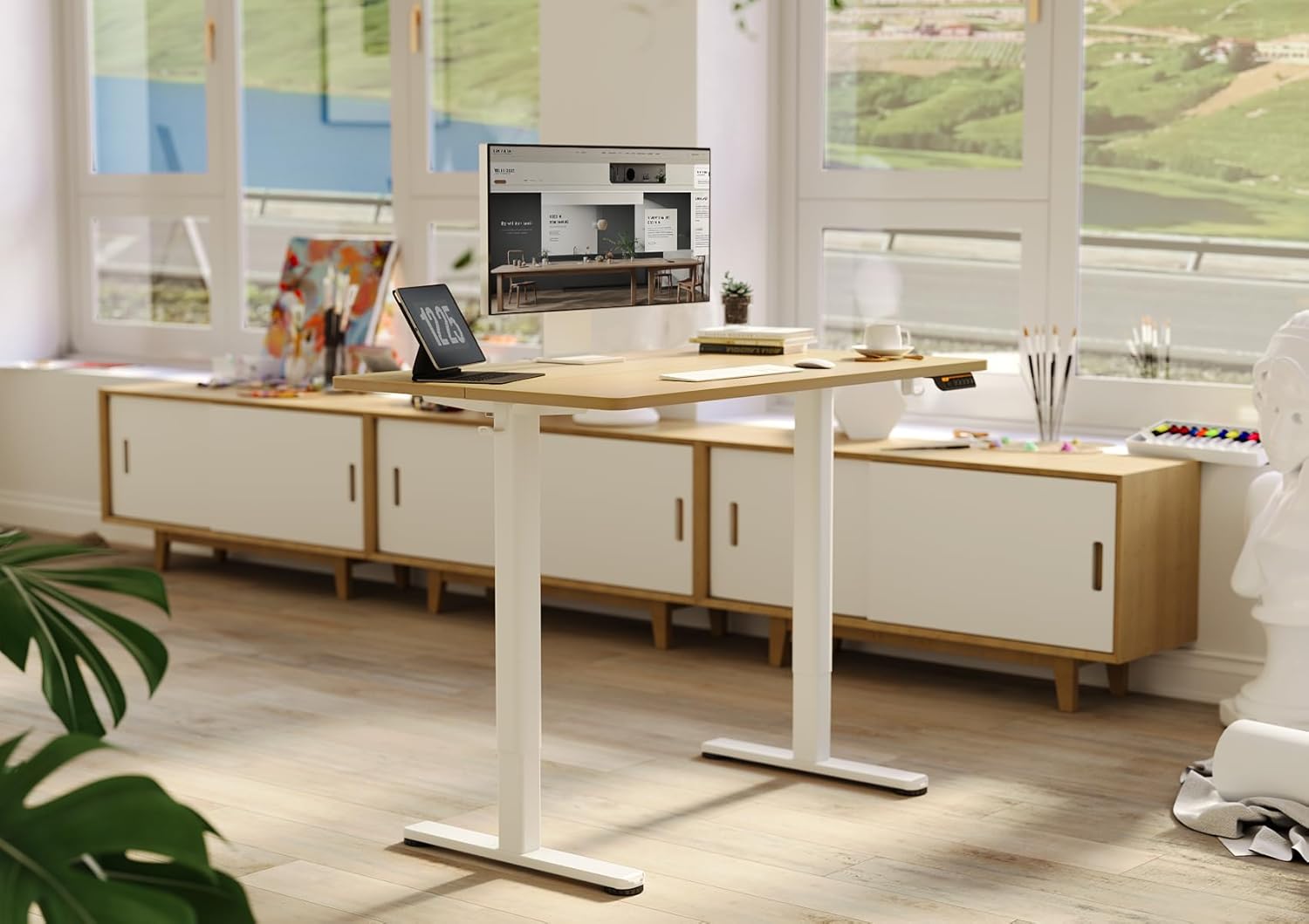 Claiks Electric Height Adjustable Stand Up Desk, 35x20 Inches Sit Stand Desk for Home Office, Nature Top/White Frame