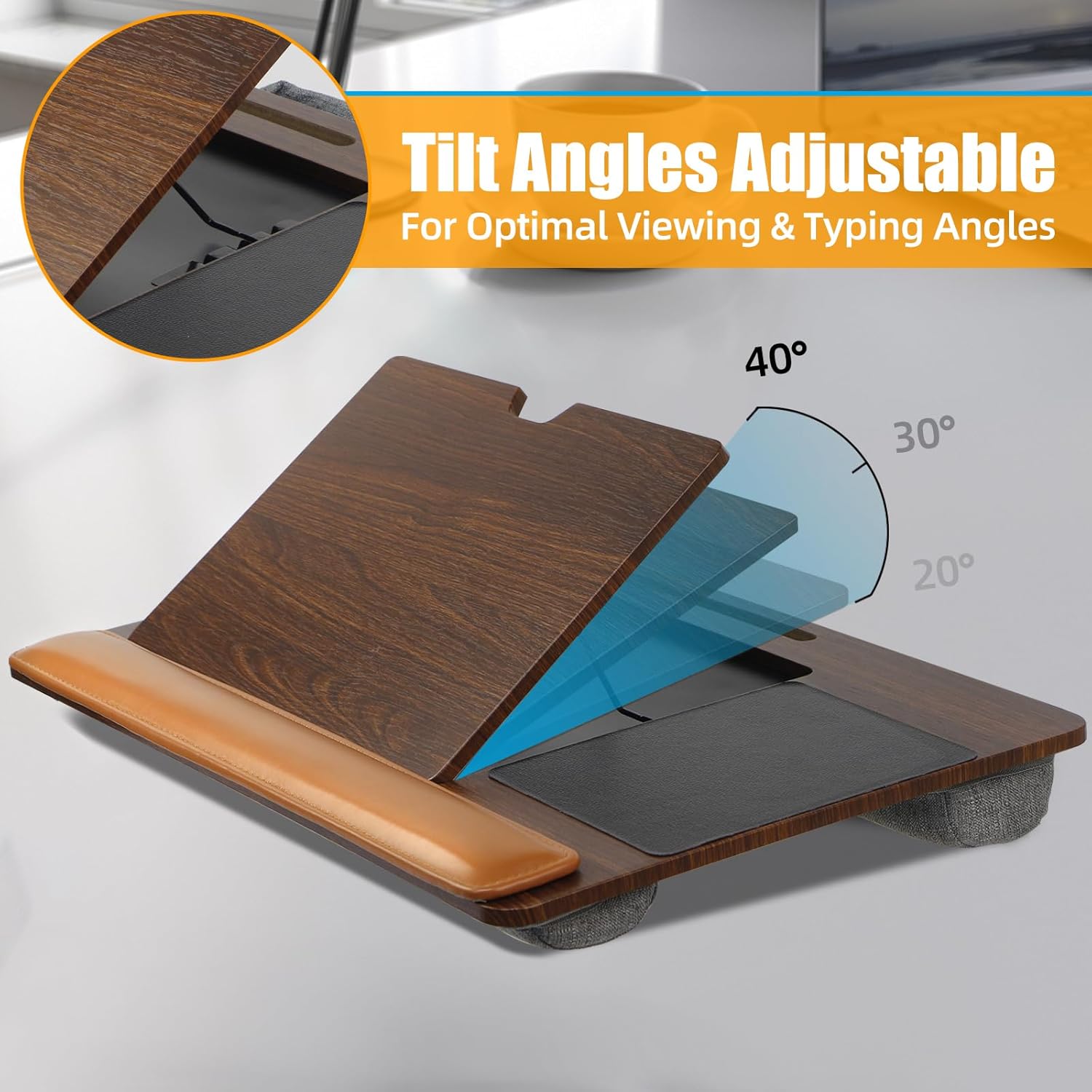 Adjustable Angle Laptop Tray with Leather Wrist Pad - Wooden Lap Desk with Cushion, Laptops Table for Couch,Bed, Fits Laptops Up to 17 Inches, Lap Laptop Desk with Mouse Pad, Brown